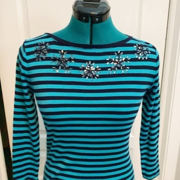 Talbots Petite Nautical Stripe Rhinestone Neck Long Sleeve Crew Neck Shirt - Picture 3 of 9